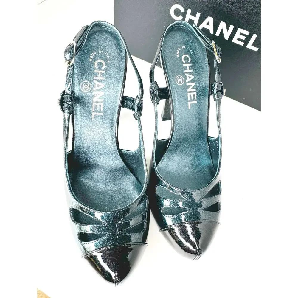 Vintage Chanel Forest Green Patent Slingback Pumps Heels CC Logo Size IT 38